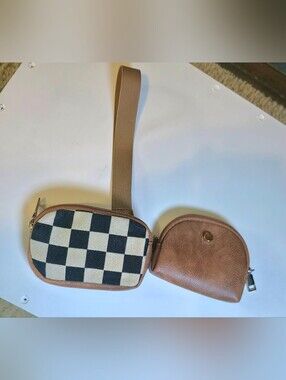 Checkered Sparkle Canvas and Brown Faux Leather Wristlet Bag